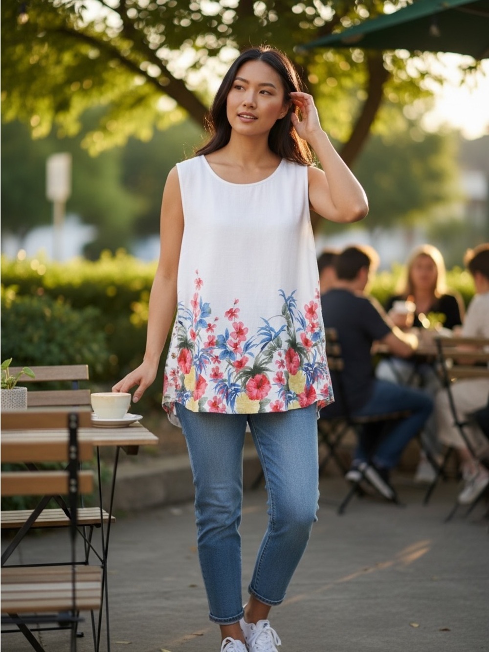 CHARLIE B White Sleeveless Top with Red Pink and Blue Floral Hem